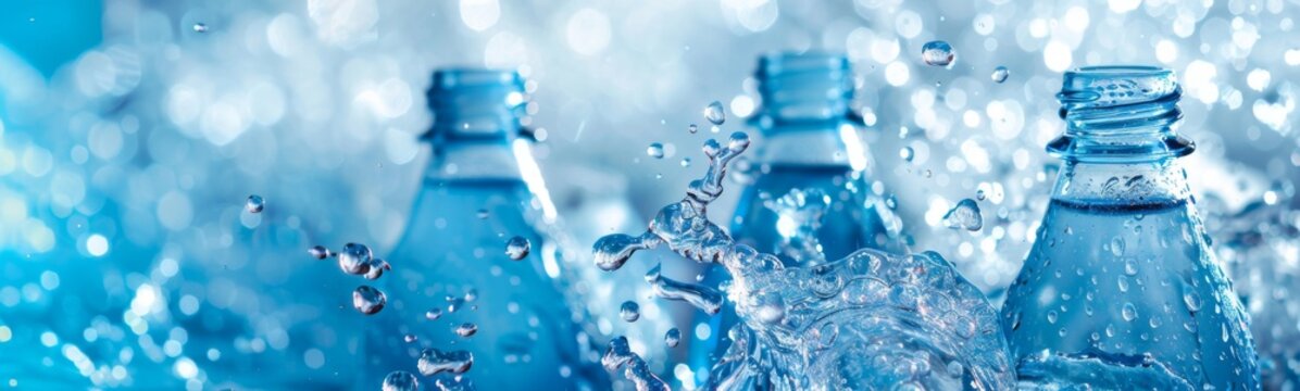 Plastic water bottles surrounded by splashing water and bubbles