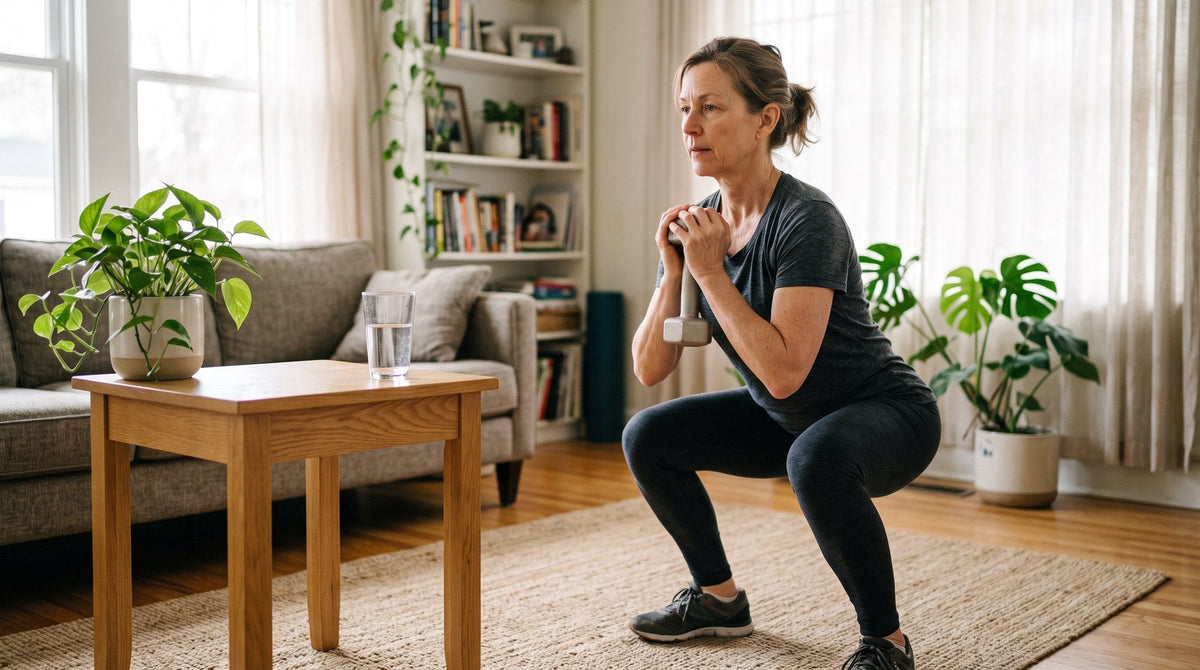 Woman in her fifties doing a goblet squat with a light dumbbell in a bright, sunlit living room