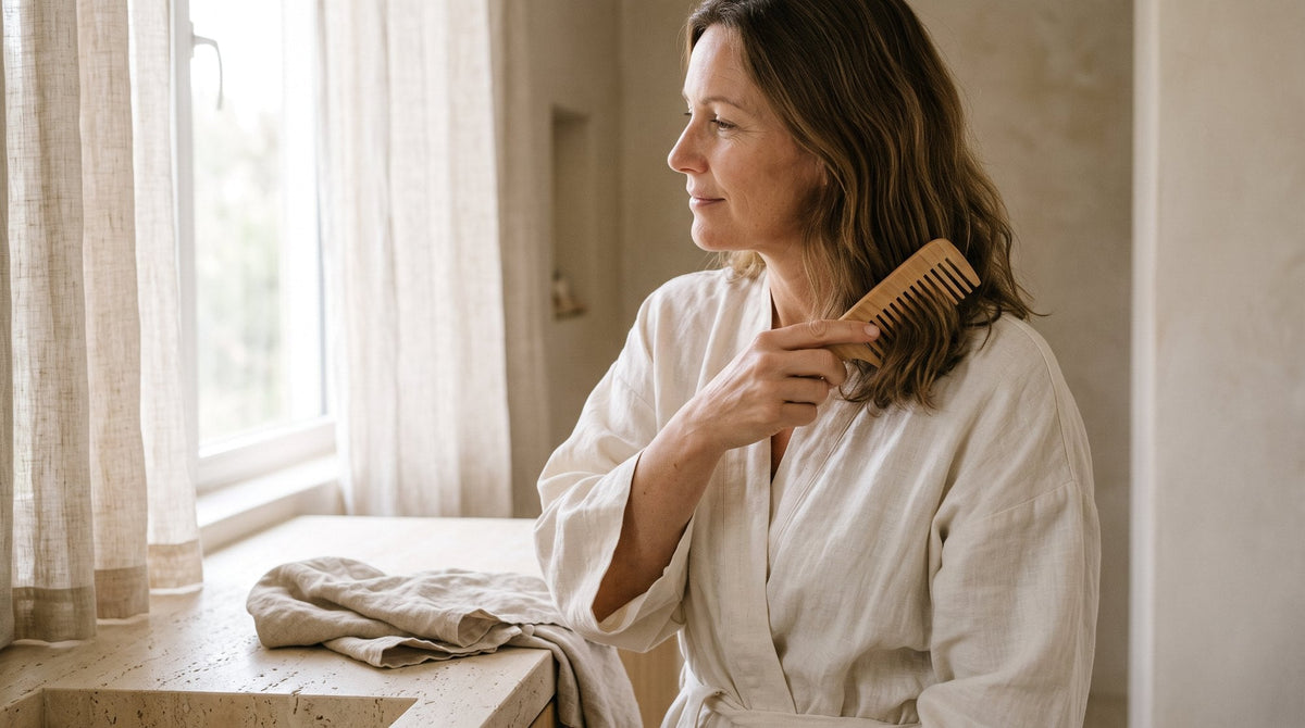 Woman in her forties gently combing her hair with a wide-tooth comb beside a sunlit bathroom window