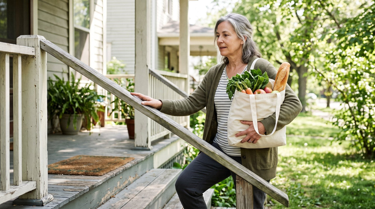 Woman in her 60s carrying a canvas grocery bag up wooden porch steps in soft morning light