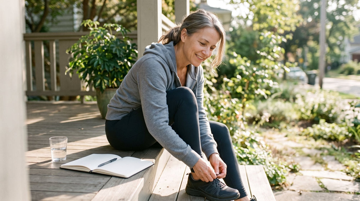 Woman in her 40s lacing up walking shoes on a sunny porch beside a blank notebook and a glass of water