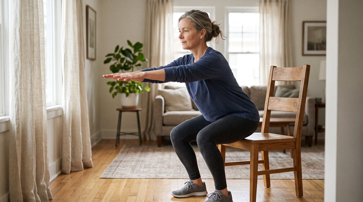 Woman in her 50s doing a chair squat in a bright, sunlit living room as part of a beginner strength routine