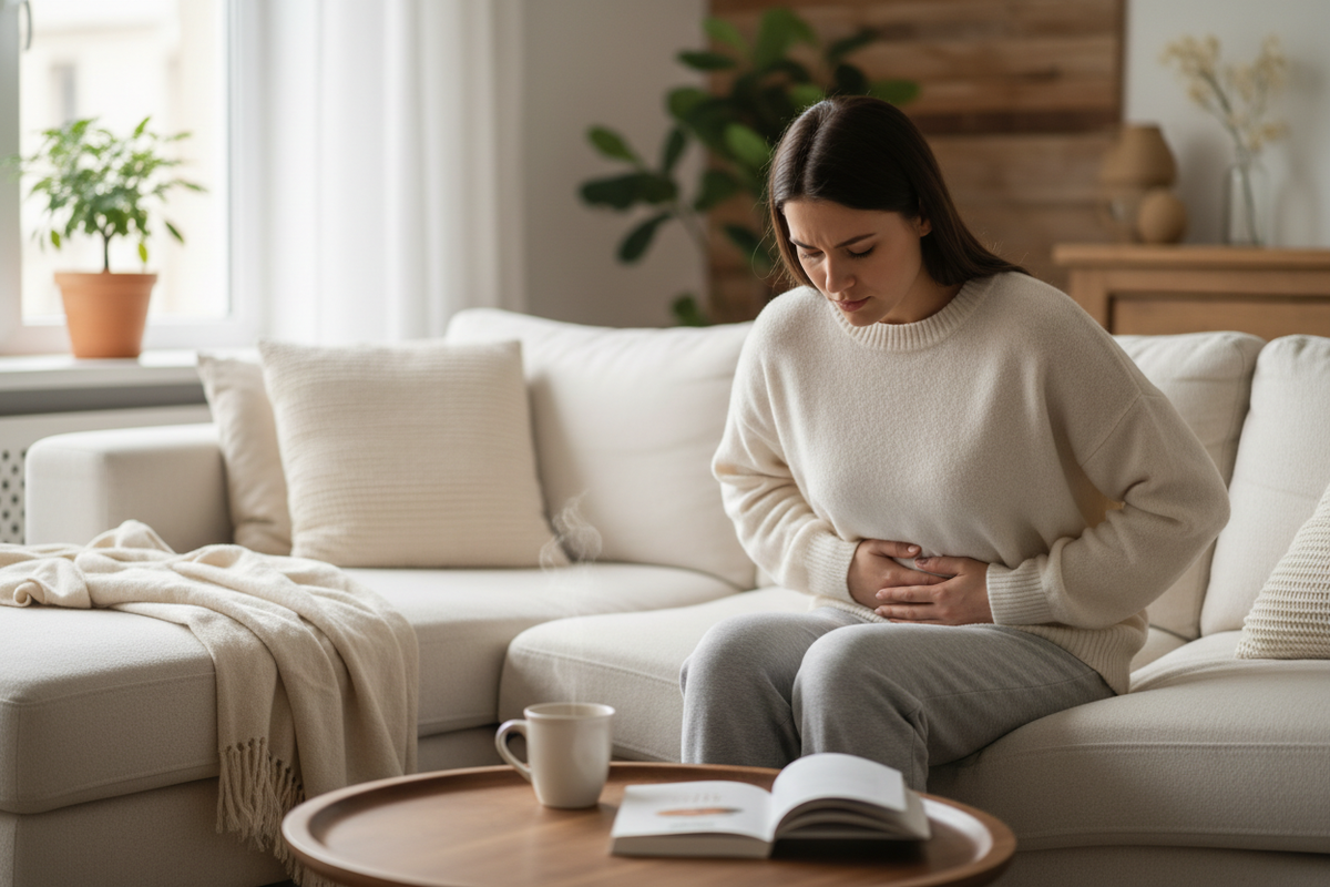 Woman in a cream sweater sitting on a sofa and holding her stomach in discomfort