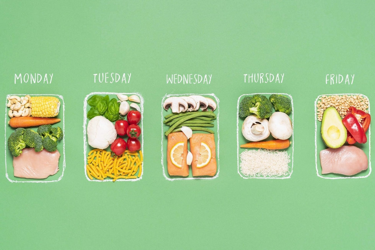Five meal prep containers labeled Monday to Friday filled with vegetables, grains and protein on green