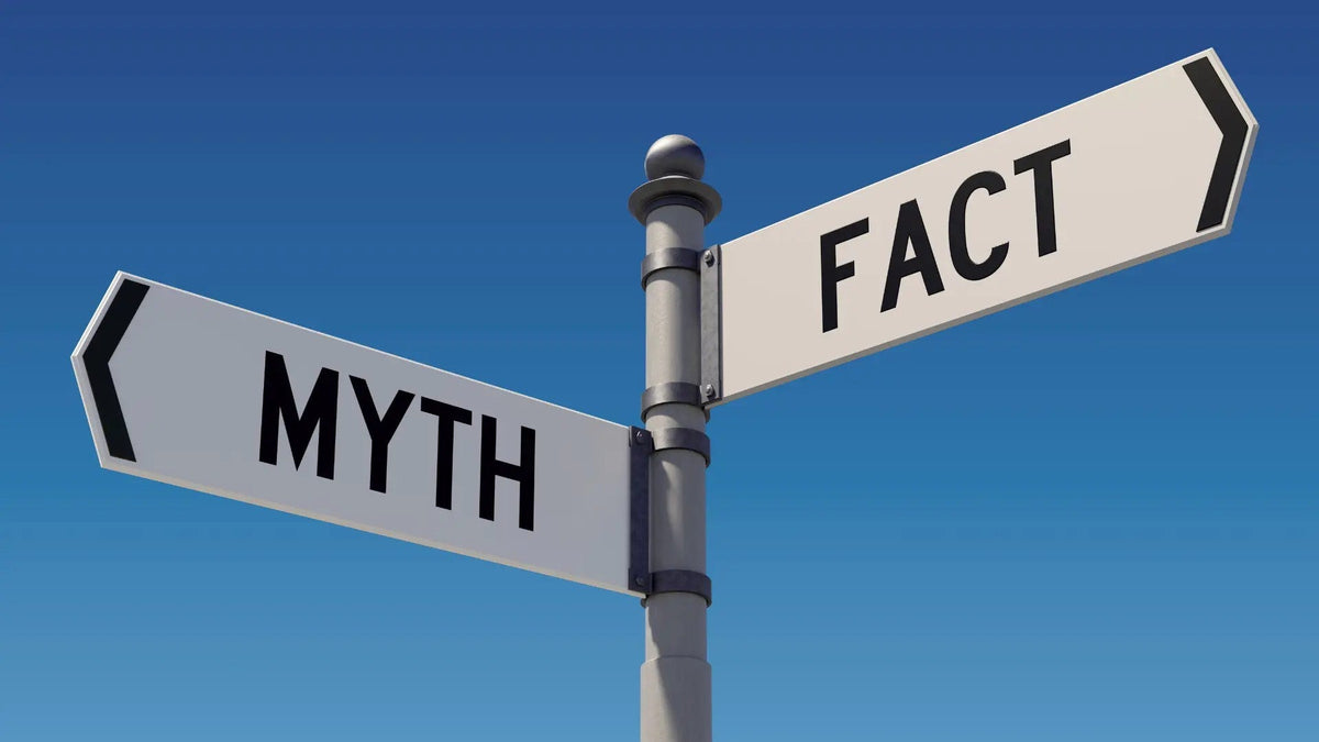 Street sign with arrows pointing to Myth and Fact against a blue sky