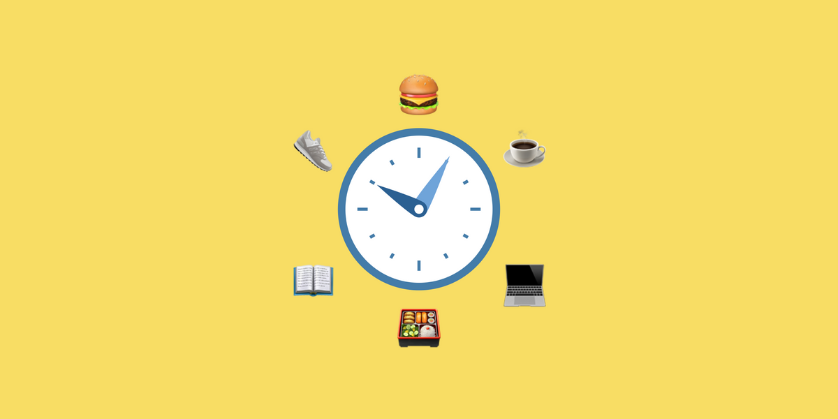 Illustrated clock surrounded by daily routine icons like coffee, a laptop, a book and a sneaker on yellow