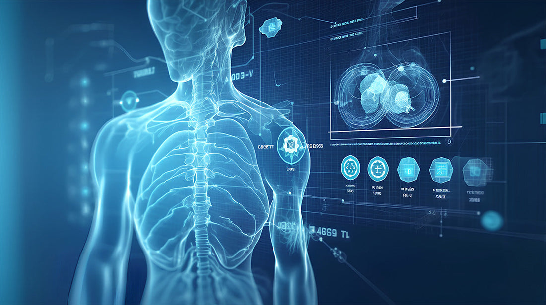 Digital illustration of a glowing blue human skeleton and torso surrounded by medical data icons