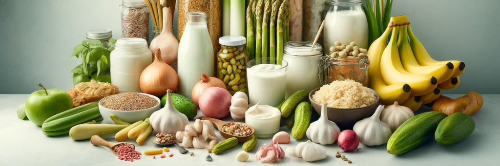 Probiotic and prebiotic foods including milk, yogurt, bananas, garlic, onions, asparagus and cucumbers
