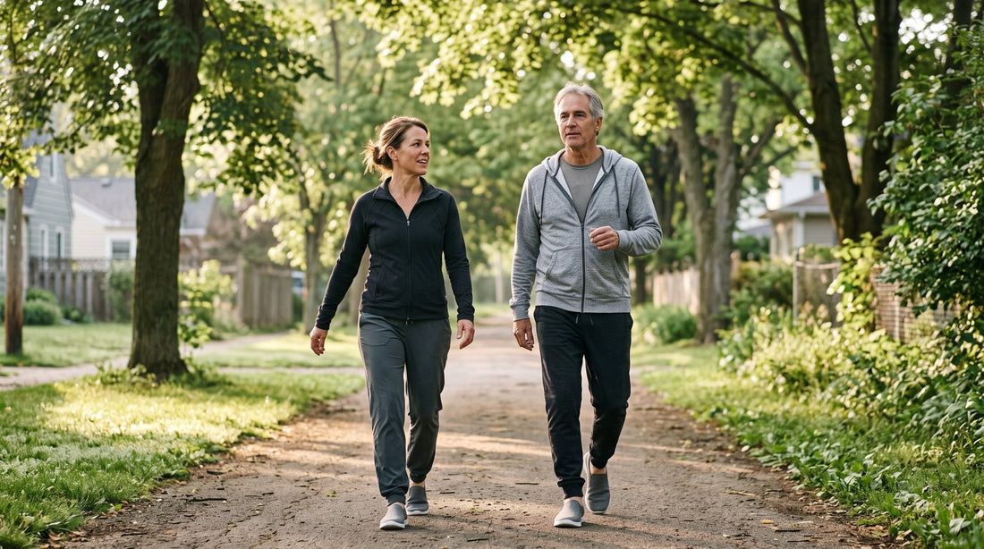 Two adults in their 40s and 50s taking a brisk early-morning walk on a quiet, tree-lined neighborhood path
