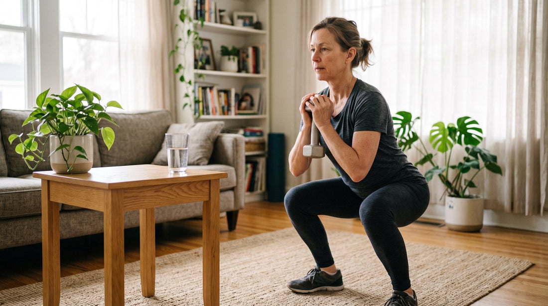 Woman in her fifties doing a goblet squat with a light dumbbell in a bright, sunlit living room