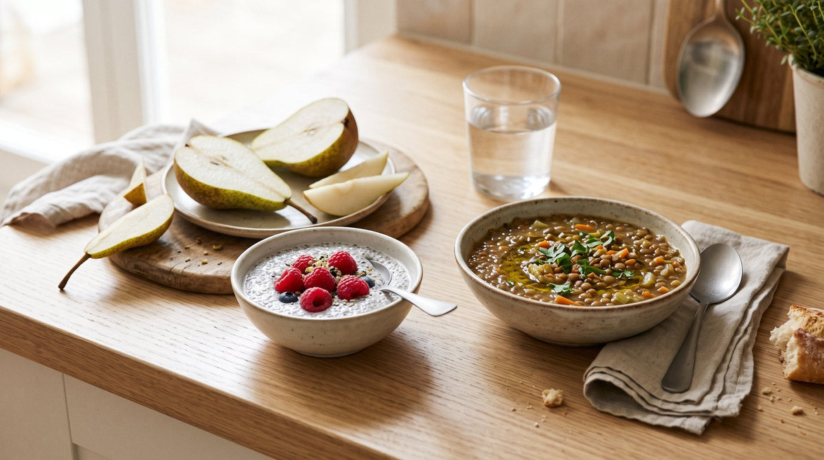 Chia pudding with raspberries, a sliced pear, lentil soup and a glass of water on a light oak kitchen counter