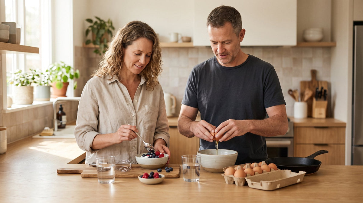 Couple in their 40s making a breakfast of eggs, yogurt and berries with glasses of water in a sunny kitchen