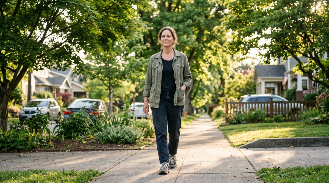 Woman in her 40s taking an easy walk after a meal along a leafy sidewalk in soft daylight