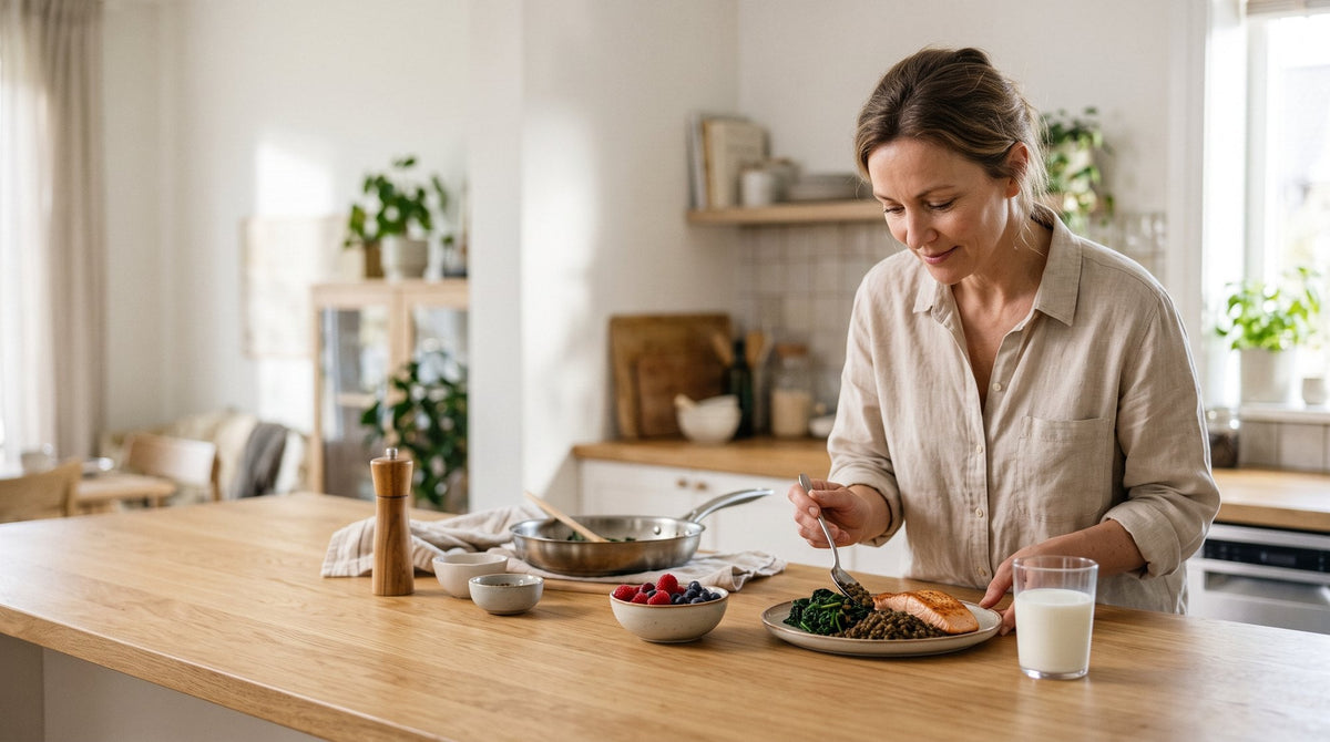 Woman plating salmon, lentils and spinach beside a glass of milk and berries on a sunlit kitchen counter