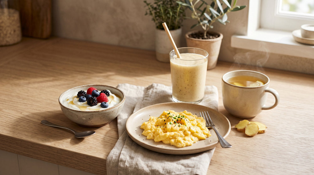 Greek yogurt with berries, scrambled eggs, a smoothie and ginger tea on a sunlit kitchen counter