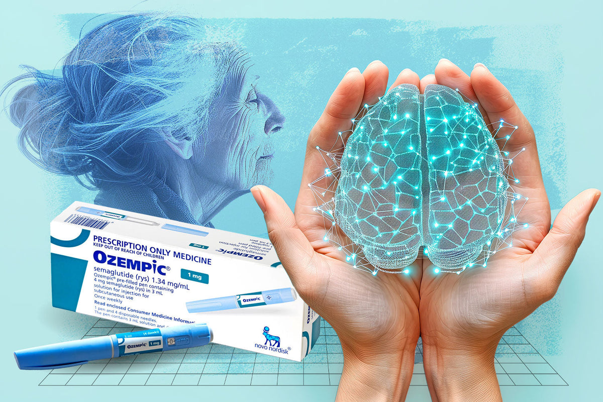 Illustration of hands holding a glowing digital brain beside an older woman's profile and a GLP-1 pen and box