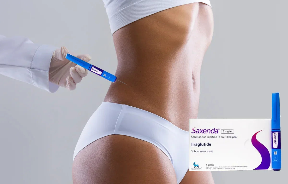 Gloved hand holding an injection pen near a woman's bare stomach, with a Saxenda box and pen beside her