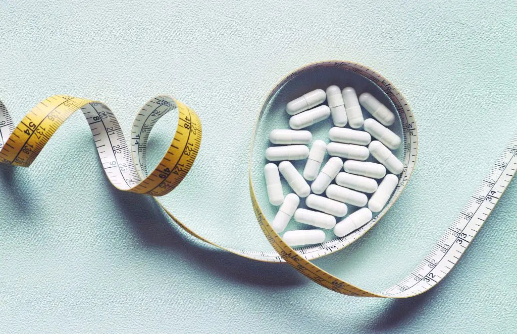 White capsules in a round glass dish with a yellow and white measuring tape on a pale blue surface
