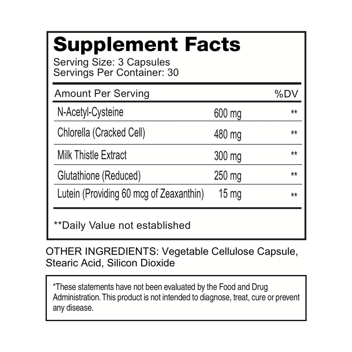 Antioxidant Defense Supplement Facts panel