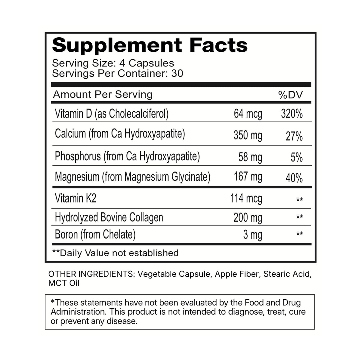 Bone Support Supplement Facts panel