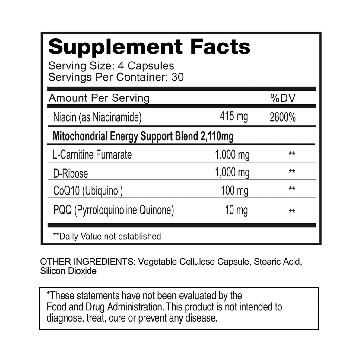 Cellular Energy Supplement Facts panel