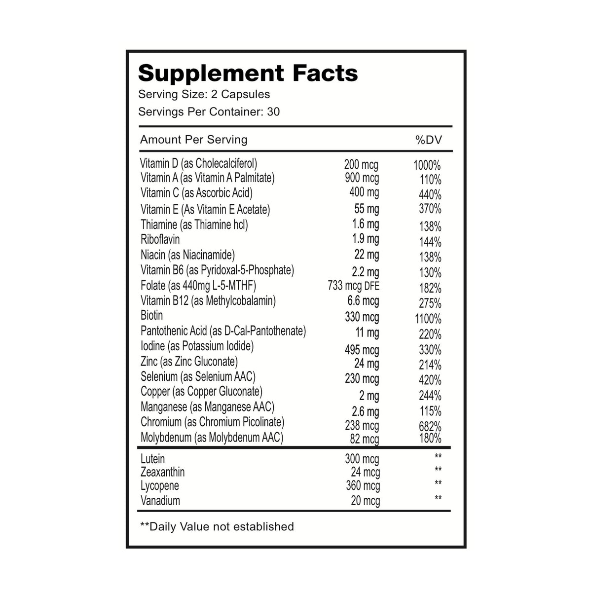 Daily Essentials Supplement Facts panel