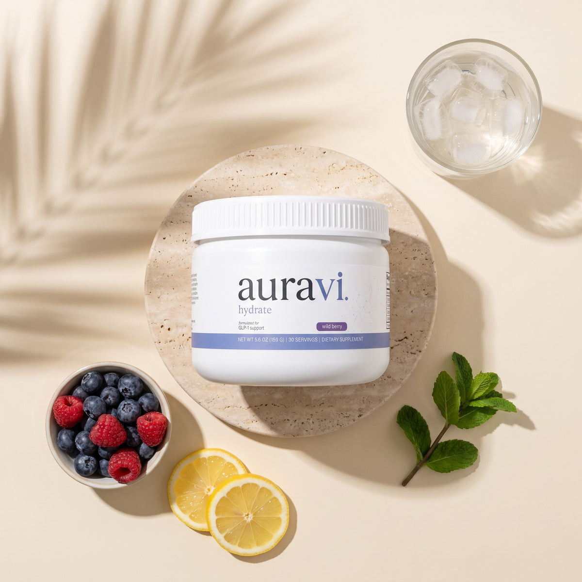 Hydrate flat-lay with fresh ingredients on travertine