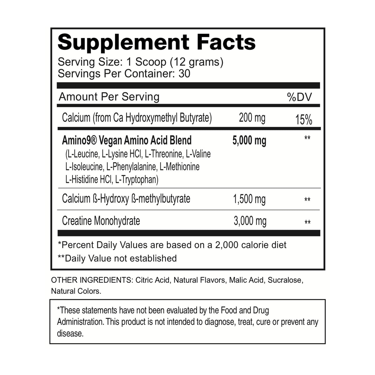 Preserve Supplement Facts: Amino9 vegan amino acid blend 5,000mg, creatine monohydrate 3,000mg, calcium HMB 1,500mg